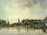 Moored Canvas Paintings - A Townview with Moored Vessels along a Quay